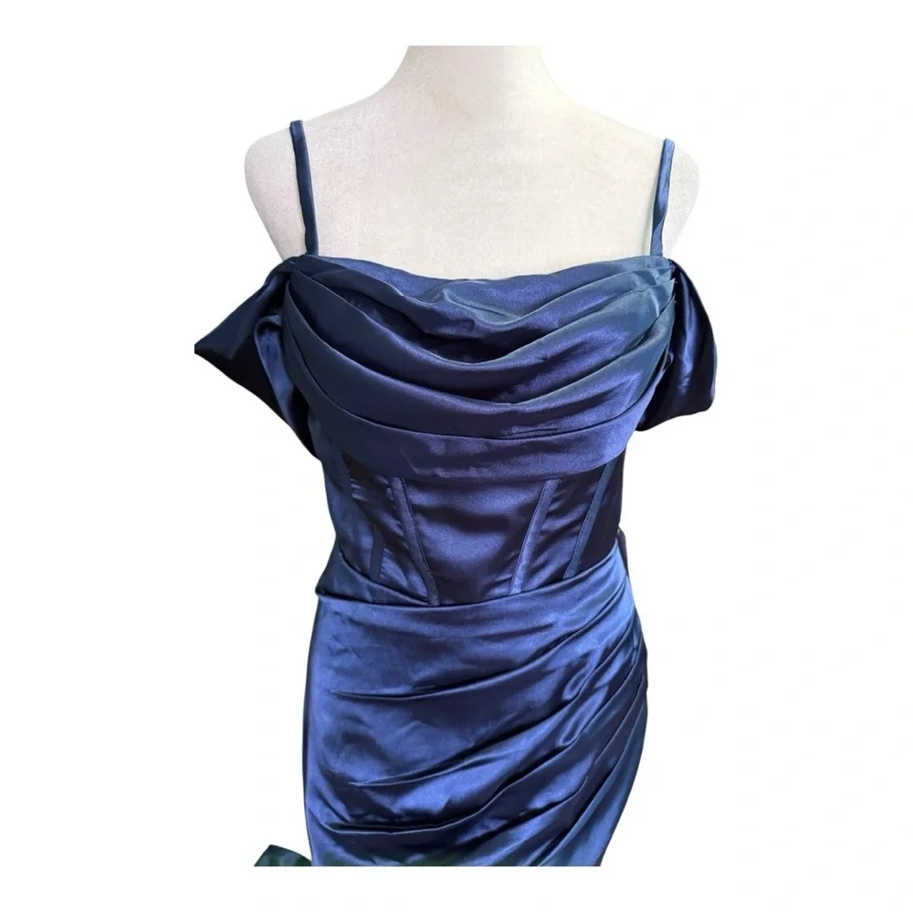 Lavetir Navy Blue Satin Evening Gown NWT Off Shoulder Formal Dress Ball - Picture 2 of 8